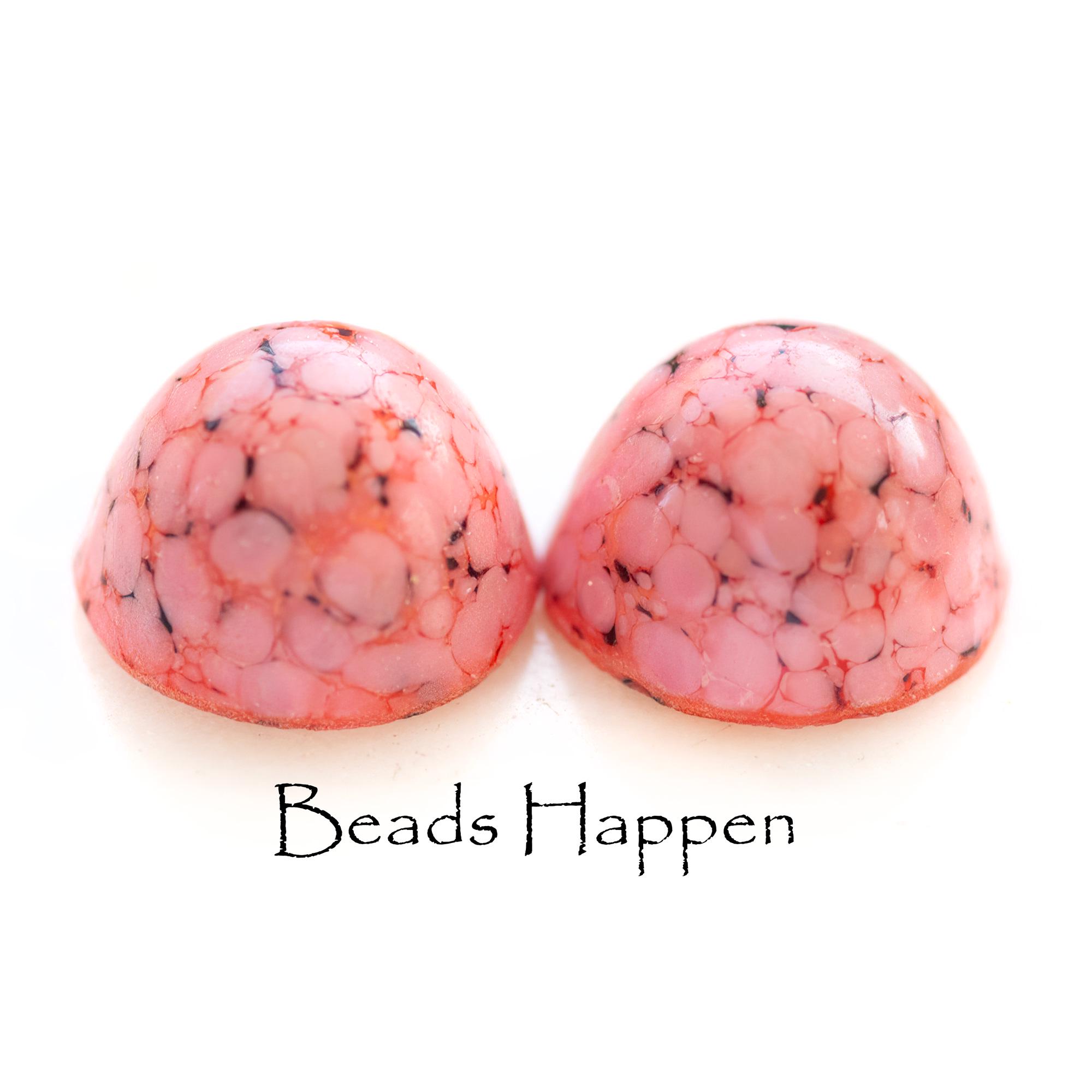 Vintage 13mm Round Cherry Brand Coral Matrix Glass Round Cabochons Cabs, Flat Back, Rounded Cone, Japan, Quantity 2