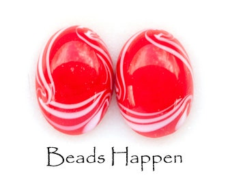 Vintage Retro Red-Orange with Squiggly White Stripes 18x13mm Oval Glass Cabochons, Quantity 2