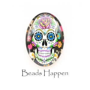25x18mm ovale witte dag van de dode cabochon, schedel, schedels, Dia de Muertos, 25x18, skelet, skeletten, roos, rozen, hoeveelheid 1