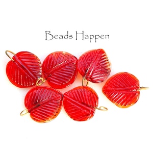 Ruby Red 14mm Pressed Glass Leaf Leaves with Embedded Wire Loop, Dangles, Pendants, leaves, Leaf, Quantity 6