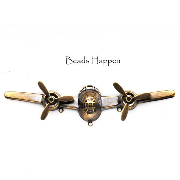 Airplane, Antiqued Brass, with Moving Propellers, Four Inches Long, Prop plane, 4" Long, with Three Loops, Quantity 1