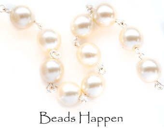 8mm Glass Pearl Round Beaded Chain, Cream Pearl Beads from Czech Republic, Silver Plated, Rosary Chain, Sold by the linear foot