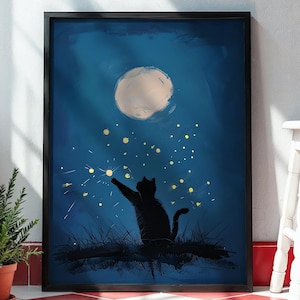 Wunderliche Katzen Wandkunst - Firefly Nachthimmel Print - Minimalistisches Mond Poster - Magische Katze Silhouette Dekor für Katzenliebhaber
