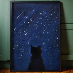 Schwarze Katze Beobachtet Sternschnuppen Wand Kunst Druck Nachthimmel Katze Illustration Himmlischen Sternenhimmel Dekor Kosmisches Tier Poster Minimalistisch