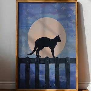 Black Cat Silhouette Art Print, Cat on Fence Under Full Moon Poster, Dark Night Minimalist Wall Art, Cat Lover Gift, Witchy Home Decor
