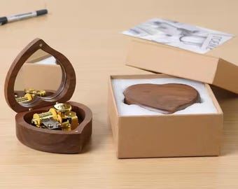 Engraved Heart Mirror Music Box: Custom Wooden Music Theme Christmas Gift for him, Valentine BTS Music Box Gift for wife
