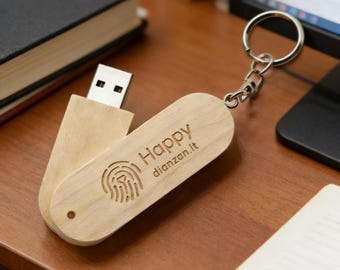 Engraved Wooden USB Keychain | Rotating Flash Drive, Wedding Gift