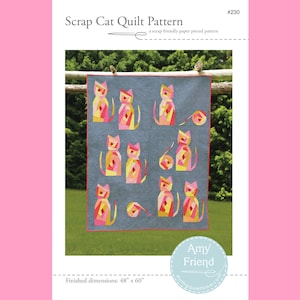 以下が含まれることがあります： エイミー・フレンドによる「Scrap Cat Quilt Pattern #230」というタイトルのキルトパターン。キルトはダークグレーの背景に、ピンク、オレンジ、黄色の色合いの猫と毛糸玉のモチーフが繰り返されています。仕上がりサイズは122cm x 152cmです。
