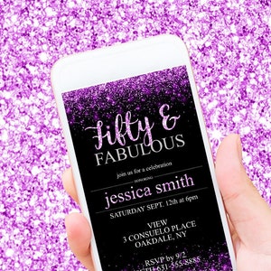 50th Birthday Invitation for Women Fifty & Fabulous Digital Invitation 50th Birthday Invitation Purple Glitter editable template download