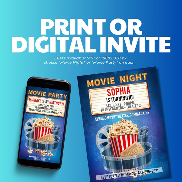Movie Birthday Invitation Cinema Party Movie Birthday Party Movie Night Editable Digital Invitation 2 sizes/titles. Edit and download now!