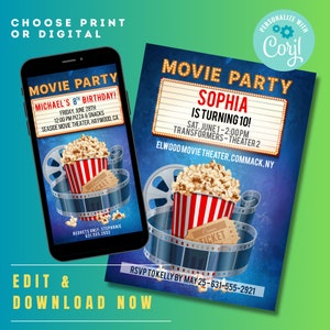 Movie Birthday Invitation Cinema Party Movie Birthday Party Movie Night Editable Digital Invitation 2 sizes/titles. Edit and download now image 3