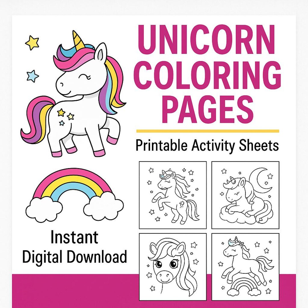 Unicorn Coloring Pages for Kids: Printable Party Activity (PDF Download ...