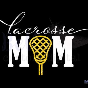 May include: White text that reads "lacrosse MOM" with a gold glitter lacrosse stick in the middle of the "M"s.