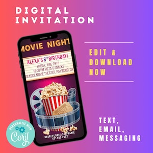 Movie Party Invitation Movie Cinema Birthday Party Invite digital invitation Movie Night EDITABLE download now text invite Movie Night