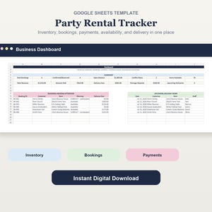 Op de afbeelding: Een Google Sheets-sjabloon genaamd Party Rental Tracker voor het beheren van voorraad, boekingen, betalingen en leveringen. Het dashboard toont een overzichtstabel, boekingen die aandacht vereisen en aankomende leveringswerkzaamheden.