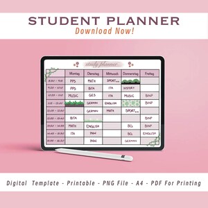 Könnte beinhalten: Eine digitale Studentenplaner-Vorlage auf einem Tablet, mit rosa und weißem Design. Der Planer zeigt einen Wochenplan mit Fächern wie Mathe, Musik und Englisch. Ein Stift liegt darunter. Der Text lautet "STUDENT PLANNER Download Now!"