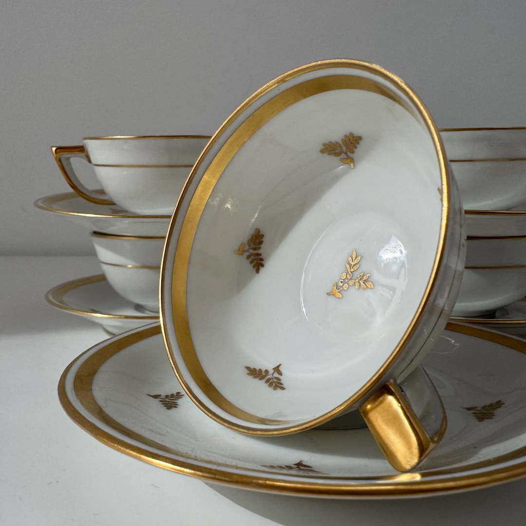 Limoges Tea Cups and Saucers Set of 4 – White Gold Porcelain – Vintage ...