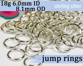 May include: A pile of 18 gauge sterling silver jump rings. The rings have an inner diameter of 6.0 mm and an outer diameter of 8.1 mm.