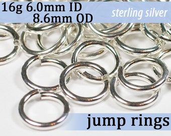 16g 6.0 mm ID 8.6 mm OD sterling silver jump rings -- 16g6.00 jumprings 925 links