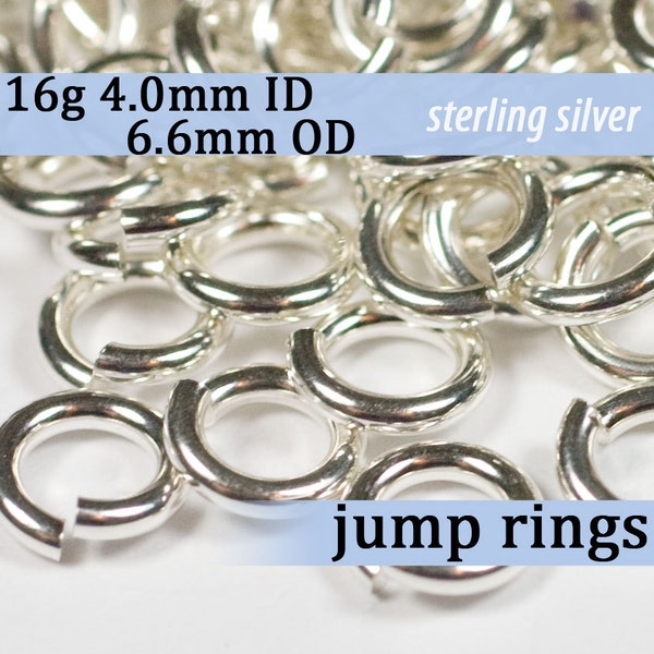 16g 4.0 mm ID 6.6 mm OD sterling silver jump rings -- 16g4.00 jumprings 925 links