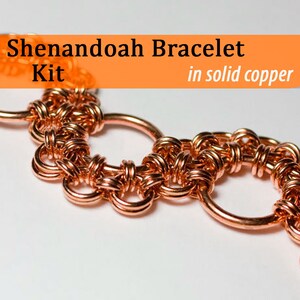 May include: A copper bracelet kit with the text "Shenandoah Bracelet Kit in solid copper". The bracelet is made of interwoven copper wire.
