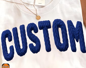 Faux yarn custom high school mascot Png,Custom team name png,Personalized Crochet Letter Cozy Handcrafted Script School Spirit Shirt Design