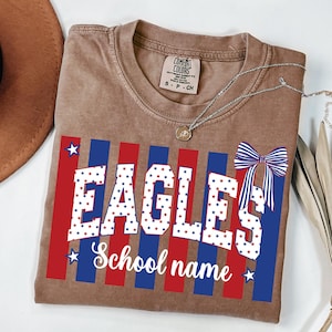 May include: A brown t-shirt with the word "EAGLES" in white, filled with red and blue stars. Red and blue stripes are behind the word. A bow graphic and the words "School name" are also on the shirt. A silver necklace is draped across the shirt.