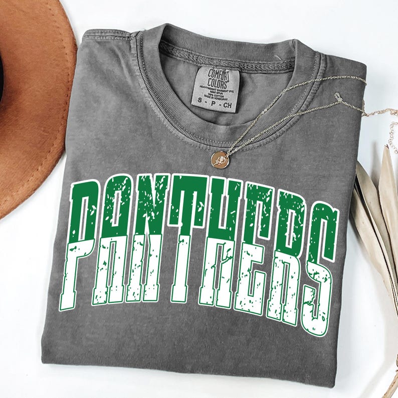 May include: A grey t-shirt featuring the text "DONTURD PANTHERS" in green and white. The shirt is folded, with a silver necklace and pendant. A brown hat is visible in the background. The shirt is a small size.