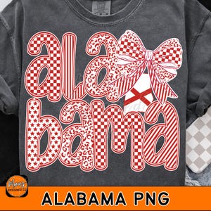 May include: Dark grey sweatshirt featuring the word "ALABAMA" in red and white patterns, including checkered, striped, and star designs. A large bow with matching patterns and the Alabama state flag is on the right. The text "ALABAMA PNG" is at the bottom.