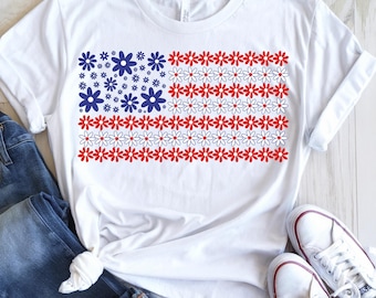 Retro American Flag png Floral American Flag USA flag Red White Blue png Independence day png 4th of july girly daisy png sublimation design