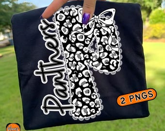 May include: Black t-shirt with a white and gray leopard print letter "P" design, a white bow, and the word "Panthers" in a script font. The text "Lace Panthers PNG" is at the bottom, with "2 PNGS" in an orange box.