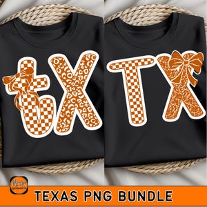 May include: Two black t-shirts with the letters "TX" in a white outline. The "T" is checkered, and the "X" has a leopard print design. The image also includes the text "TEXAS PNG BUNDLE" in an orange banner.