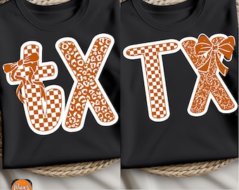 Tx png,Oeste de Texas png,Sublimación de Texas naranja quemado,Diseño de camisa con lazo coqueto de Texas,Leopardo a cuadros png,Diseño del estado de Texas png