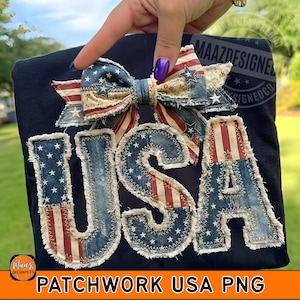 May include: A navy blue shirt with a patchwork design spelling out "USA". The letters and bow are made of denim and fabric with a stars and stripes pattern. The image also includes the text "PATCHWORK USA PNG".