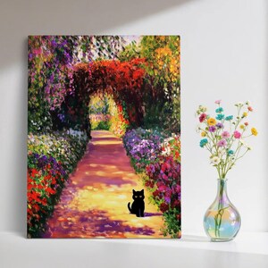 Kaufe 3 und erhalte 1 gratis, Monet Gartenkatzendruck, Home Decor, schwarze Katze, lustiges Geschenk, Geschenk für sie, Katzenliebhaber, Floral Art