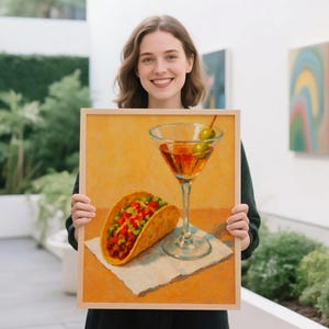 ホットドッグとダーティマティーニのプリント、食べ物と飲み物の面白いアート、デジタル印刷可能、印刷可能なウォールアート、新築祝いのギフト、カクテルカートの装飾