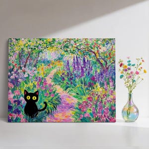 Buy 3 Get 1 Free, Monet Irises Garden Cat Print, Gift for Her, Floral Print, Home Decor,Funny Black Cat Art, Gift for Cat Lover, Wall Art