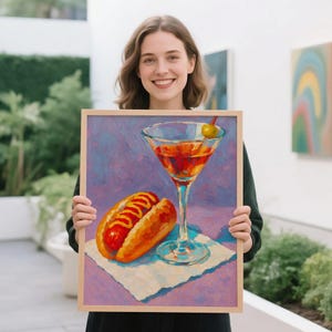 Hot Dog i Martini Print, Cocktail Art Bar Cart Decor, Food and Drink Funny Art, Trendy Kitchen Wall, Cocktail Cart Decor, Martini Painting