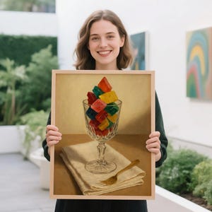 Snoep in wijnglaskunst, eigenzinnig olieverfschilderij, olieverfschilderij cadeau, elegant olieverfschilderij cadeau, grappig cadeau, bar kunst decor, cadeau voor haar