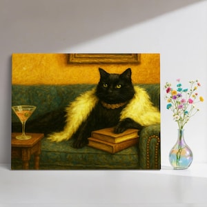 黒猫マティーニアートプリント、カクテルアートバーカート装飾、リビングルームの壁アート、オフィスの壁装飾、猫好きへのギフト、面白い猫のプリント