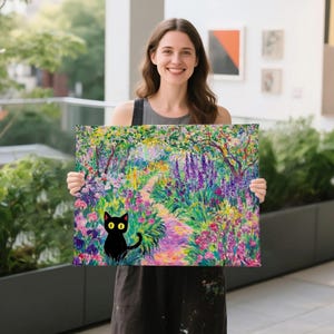 Monet Irises Garden Cat Print, Gift For Cat Lover, Black Cat Print, Funny Black Cat Print, Gift for Her, Wall Art, Funny Gift, Floral Art