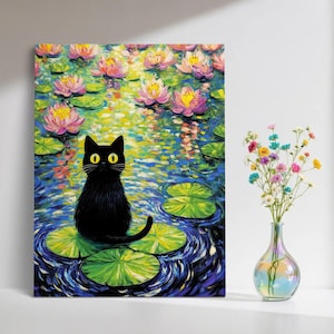 Kaufe 3 und erhalte 1 gratis, schwarze Katze Druck, Wandkunst, Monet Seerosenkatze Druck, lustige schwarze Katze Kunst zum Verschenken, Wohndekor Kunst, Geschenk für Sie