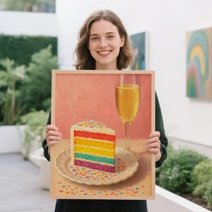 Regenboogtaart en champagne print, elegant olieverfschilderij cadeau, trendy huis muurkunst, bar art decor, cadeau voor haar, eten en bar kar decor
