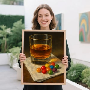 Whiskey and Skittles Art Print, Printable Wall Art, Funny Still Life Oil Painting, Gift for Her, Oil Painting Gift, Bar Art Decor