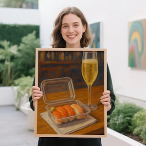 寿司とシャンパンのアート、印刷可能な壁アート、彼女への贈り物、バーアートの装飾、油絵の壁アートの装飾、食べ物とバーカートの装飾、贈り物