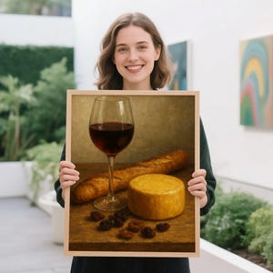 Kunst van wijn en eten, cadeau voor haar, elegant olieverfschilderijcadeau, trendy keukenmuur, barkunstdecor, cadeau voor hem, uniek olieverfschilderijcadeau