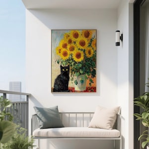Claude Monet Sunflowers Cat Print, Gift for Her, Gift For Cat Lover, Black Cat Art, Funny Gift Idea, Cat Print, Home Decor Art, Floral Print