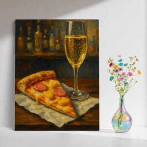Kup 3, a dostaniesz 1 gratis, Szampan i pizza, Modne, Wystrój kuchni, Wygląd vintage, Wystrój wózka na koktajle, Prezent w postaci obrazu olejnego, Zabawny