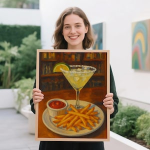 マティーニとフライドポテトのアート、印刷可能な壁アート、カクテルカートの装飾、面白くて控えめで思いやりのある風変わりな、彼女への贈り物、油絵の贈り物