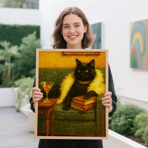 黒猫マティーニアートプリント、カクテルアートバーカート装飾、リビングルームの壁アート、オフィスの壁装飾、猫好きへのギフト、スタイリッシュなバー装飾